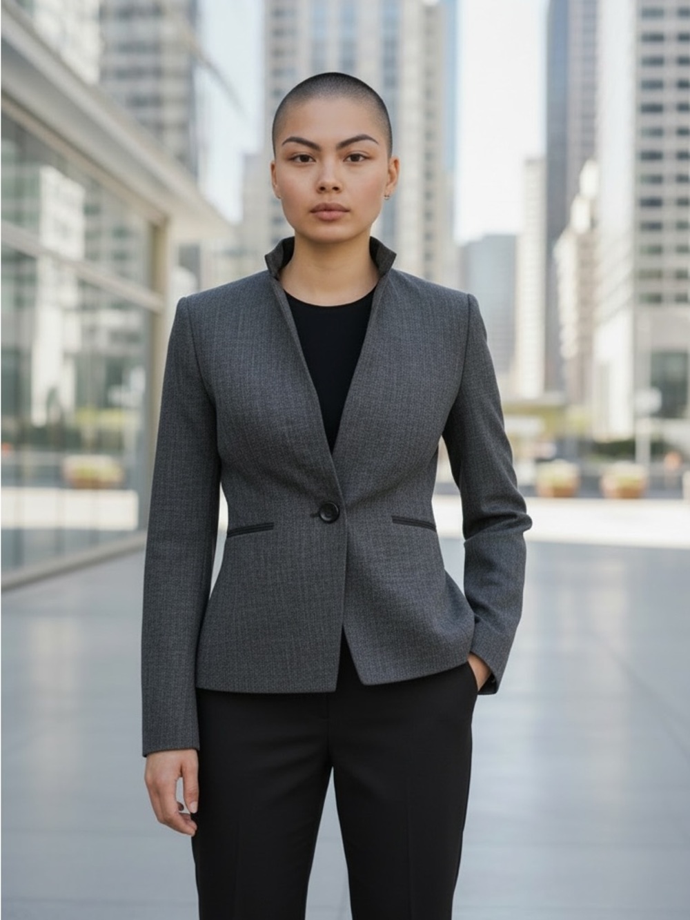 Women's Single-Button Charcoal Gray Notchless Blazer by Evan Picone